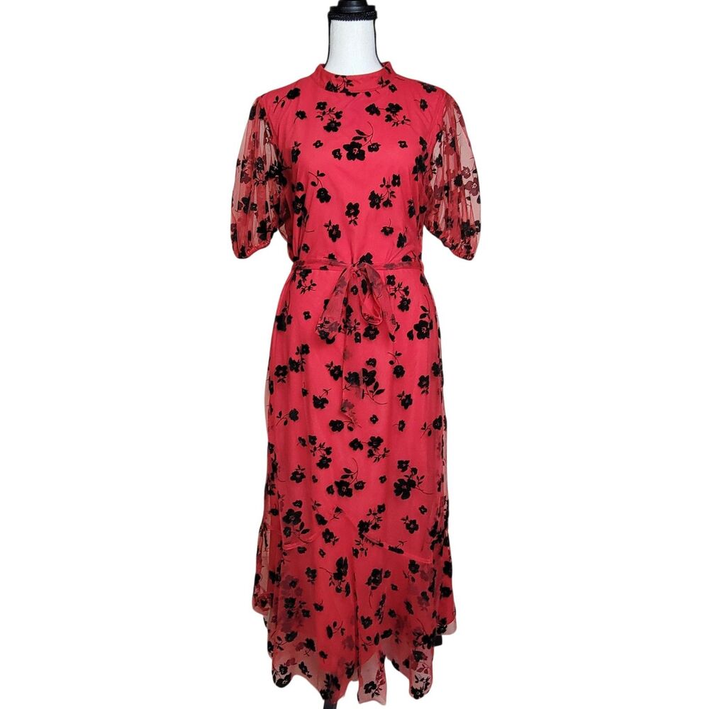 SHEIN Red and black Floral Dress Puff Sleeve Chiffon Boho Style XL - Picture 2 of 13